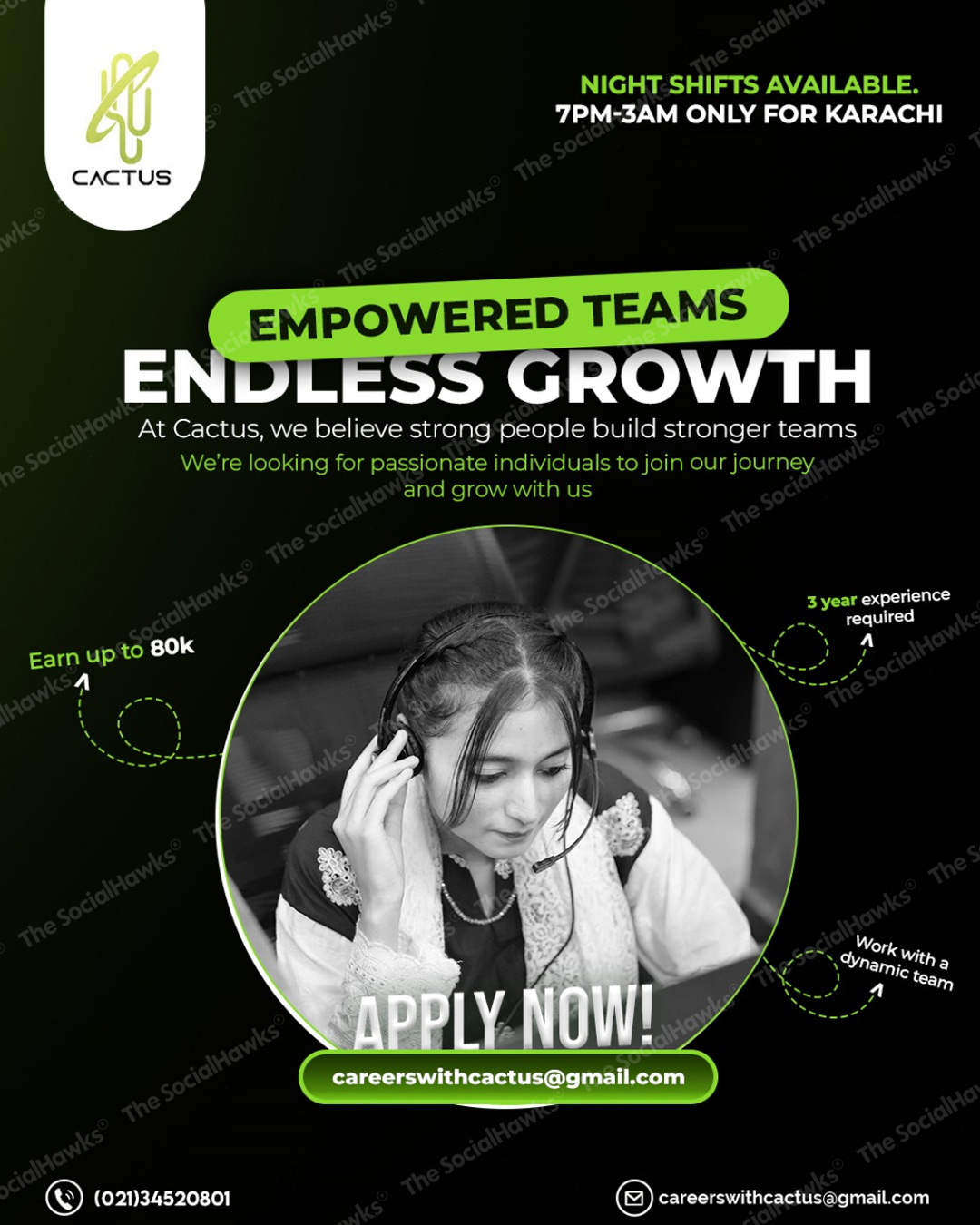 Cactus BPO empowered teams endless growth ad with female employee wearing headset